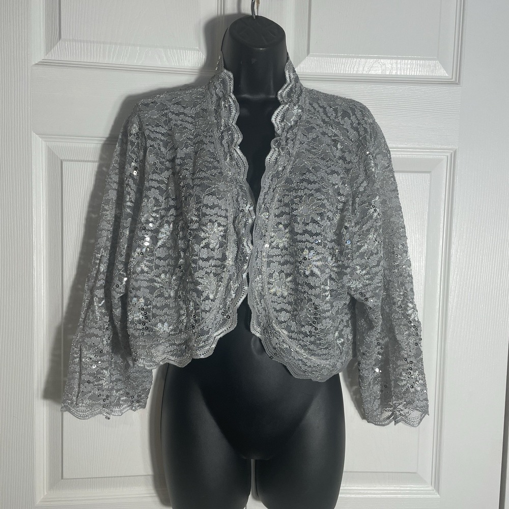 Sleek Trends Lace Bolero Jacket Women 24W Silver‎ Sheer Open Front Sequin Fairy